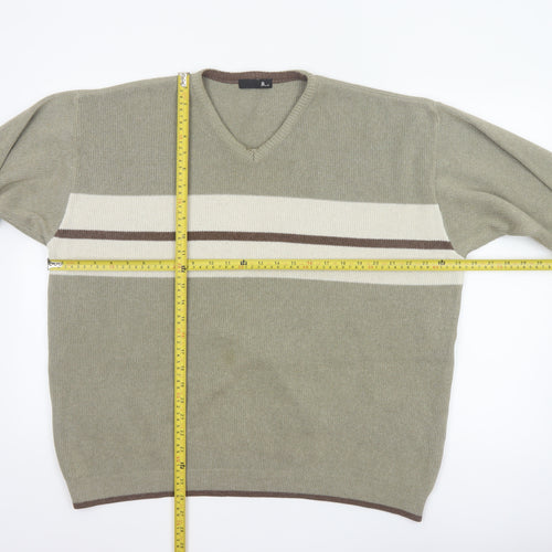 BHS Men’s Beige L V-Neck Striped Cotton Blend Knit Pullover Jumper