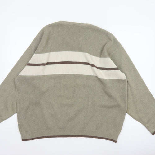 BHS Men’s Beige L V-Neck Striped Cotton Blend Knit Pullover Jumper