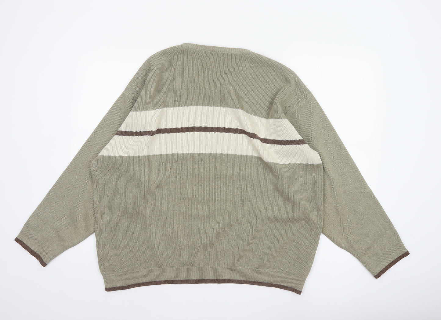 BHS Men’s Beige L V-Neck Striped Cotton Blend Knit Pullover Jumper