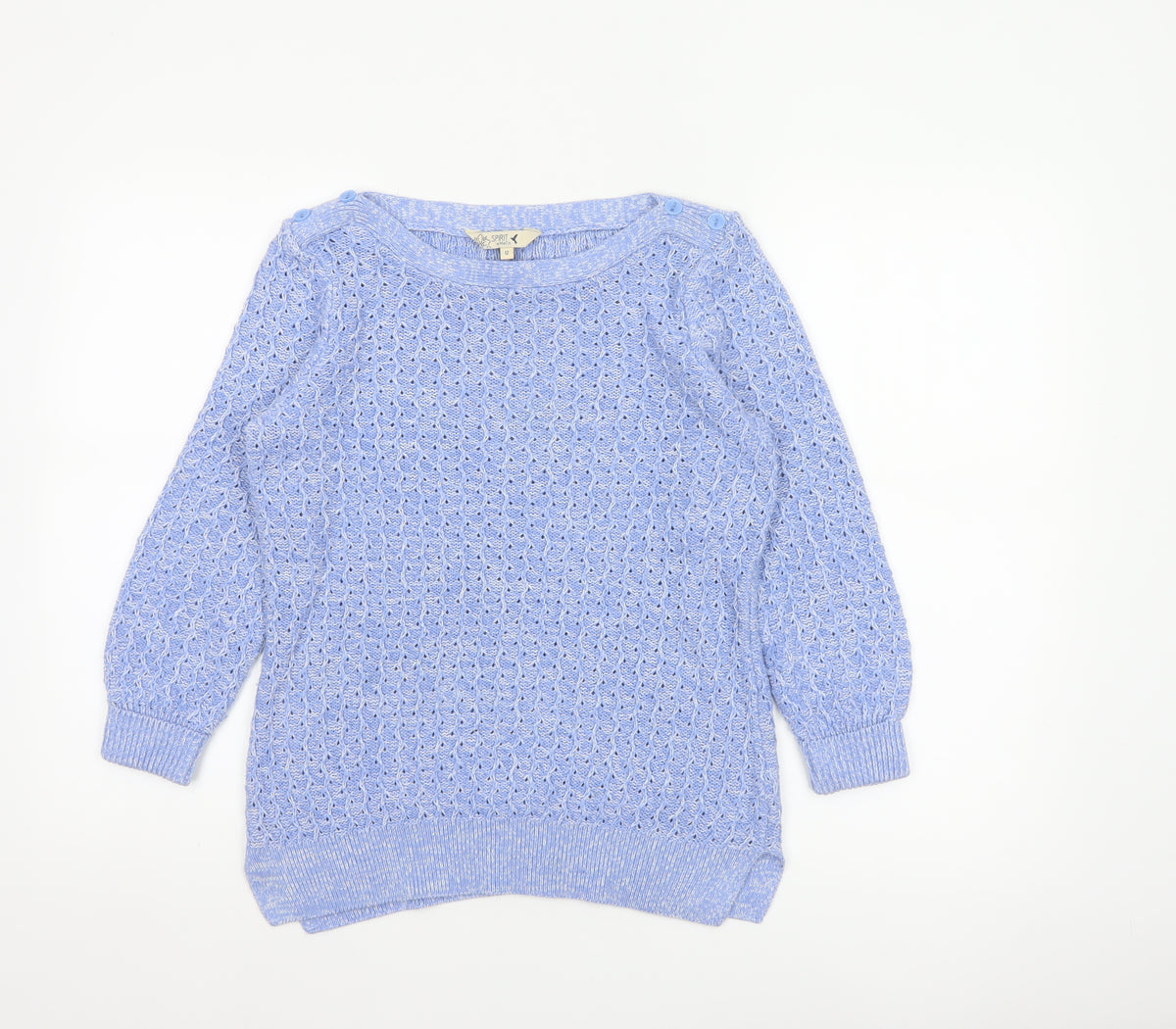 Spirit at M&Co Women Blue Size 12 Open Knit Button Shoulder Jumper
