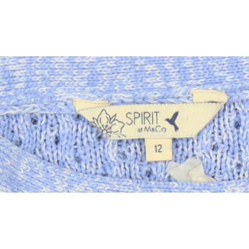 Spirit at M&Co Women Blue Size 12 Open Knit Button Shoulder Jumper