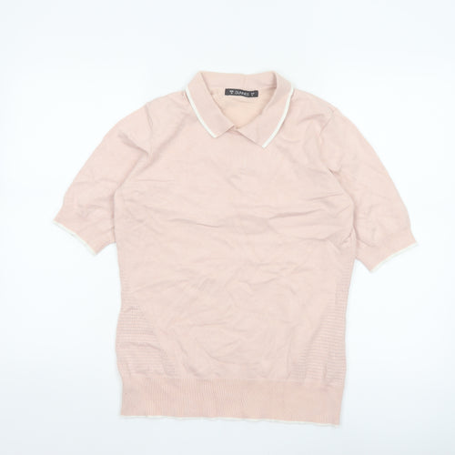 Dunnes Women Pink M Knit Polo Top Short Sleeve Contrast Trim