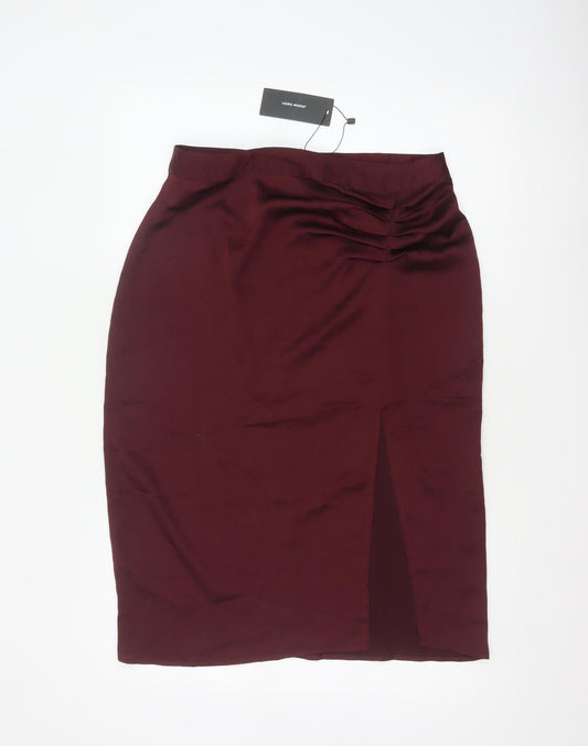 Vero Moda Women Red L Midi Pencil Skirt Ruched Slit New