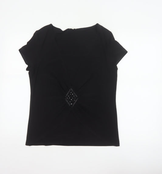 Kaliko Women’s Black UK 16 V-Neck Beaded Short Sleeve Blouse