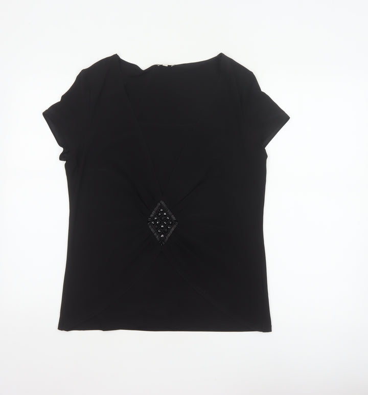 Kaliko Women’s Black UK 16 V-Neck Beaded Short Sleeve Blouse