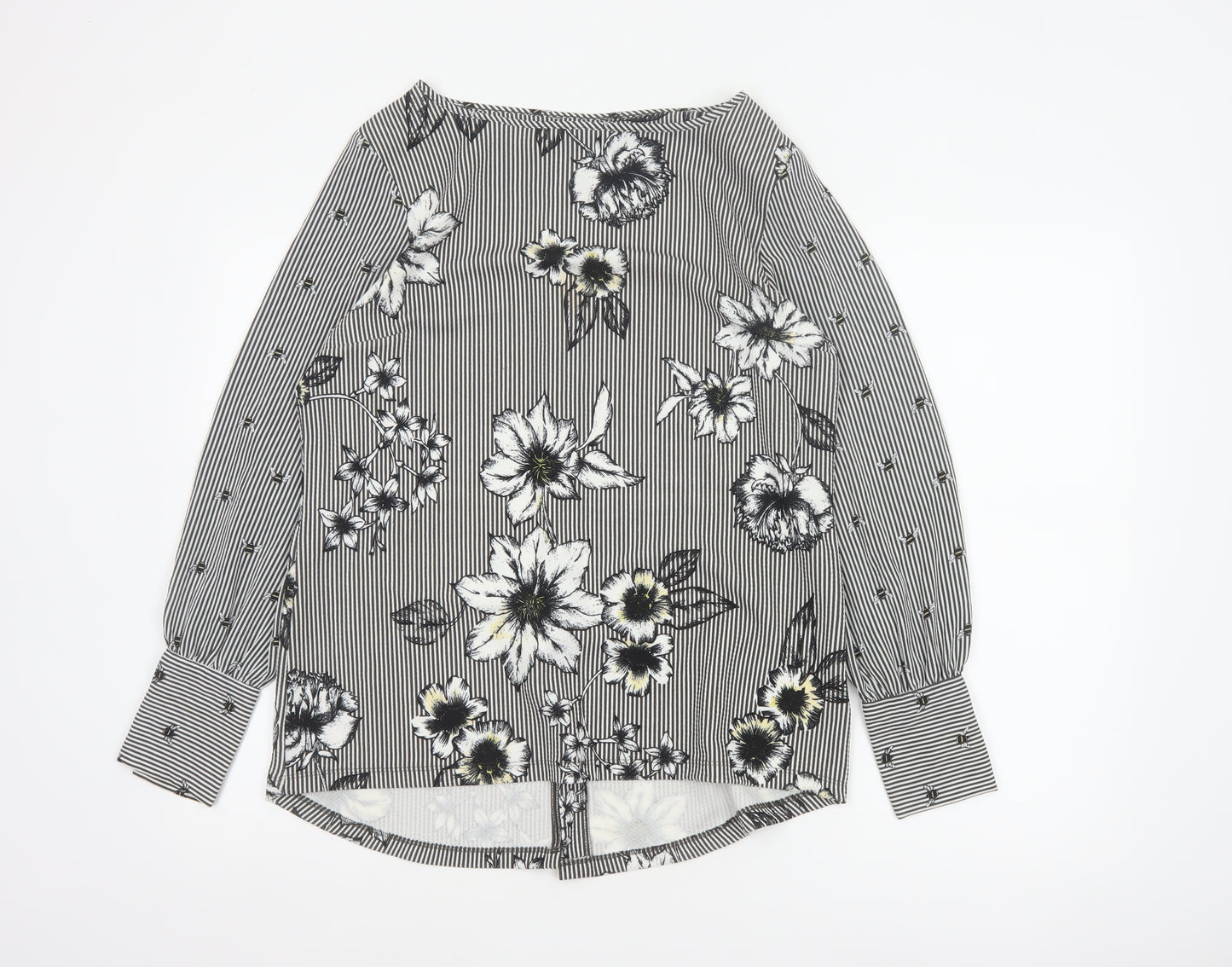 Next Women Black White Floral Stripe Long Sleeve Blouse UK 12