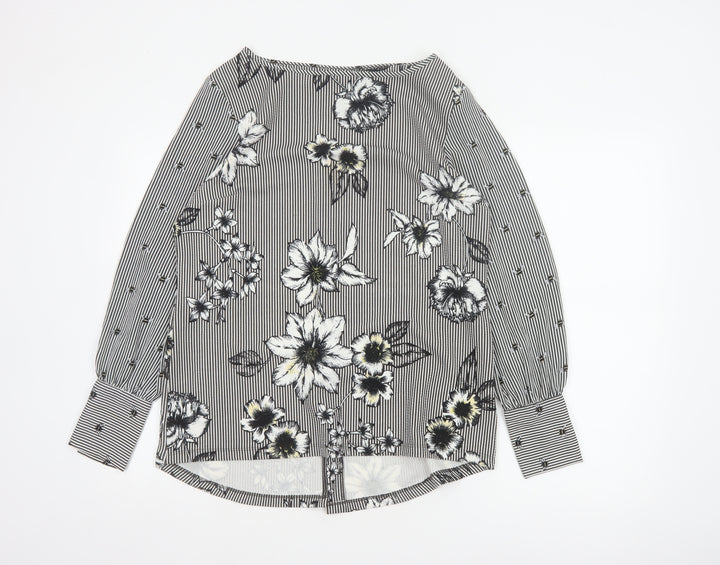 Next Women Black White Floral Stripe Long Sleeve Blouse UK 12