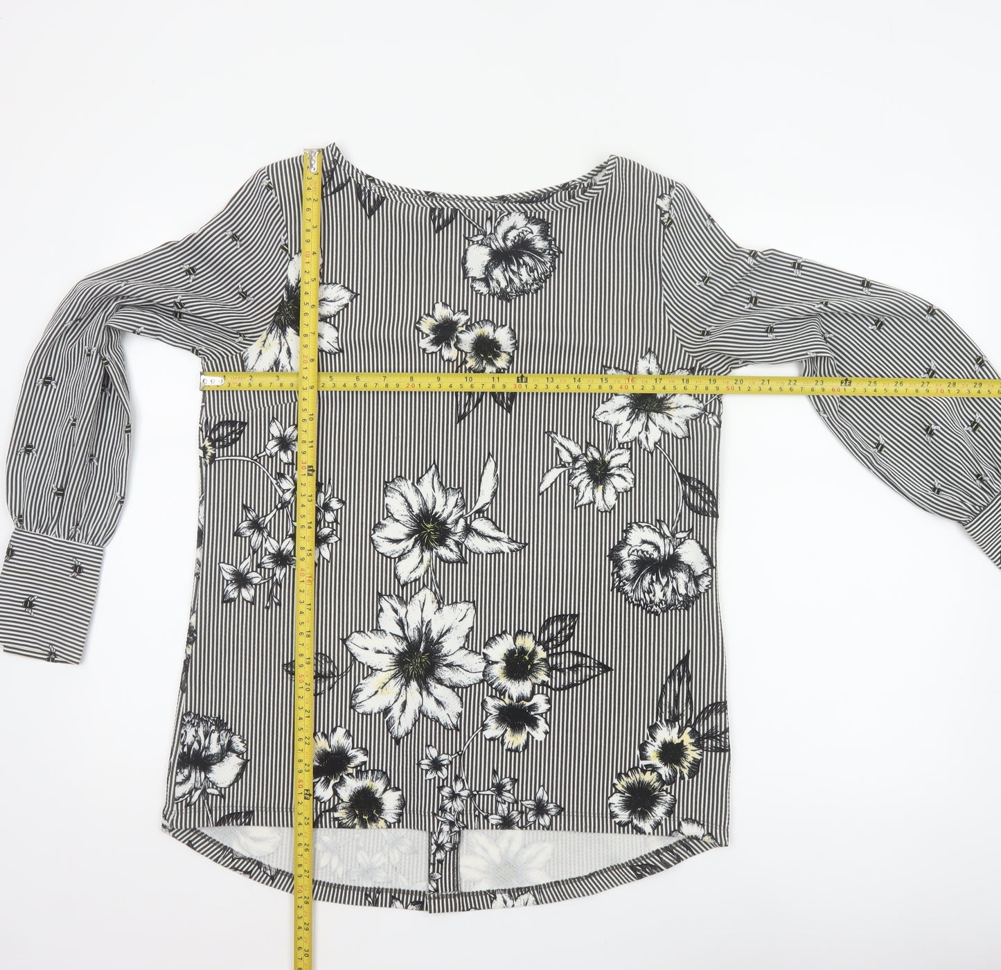 Next Women Black White Floral Stripe Long Sleeve Blouse UK 12