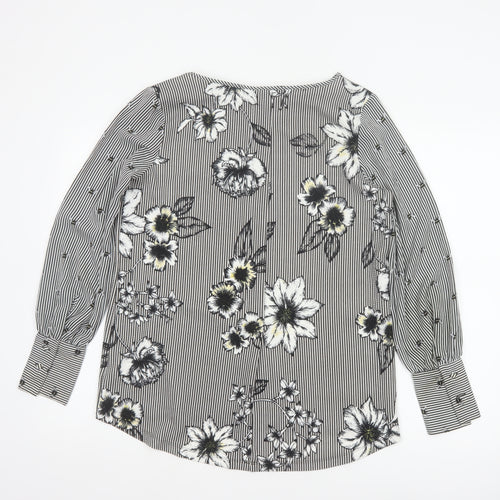 Next Women Black White Floral Stripe Long Sleeve Blouse UK 12