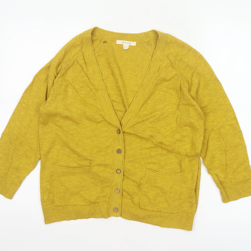White Stuff Women Yellow Size 12 Linen Cotton V-Neck Cardigan