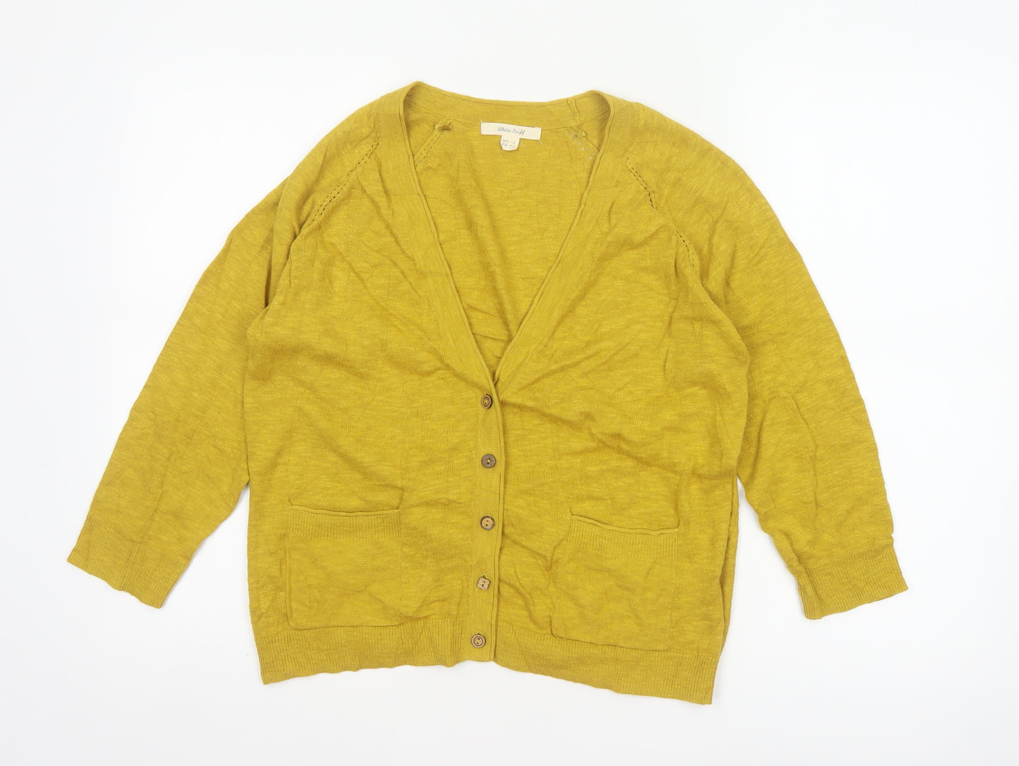 White Stuff Women Yellow Size 12 Linen Cotton V-Neck Cardigan