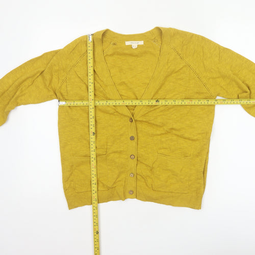 White Stuff Women Yellow Size 12 Linen Cotton V-Neck Cardigan