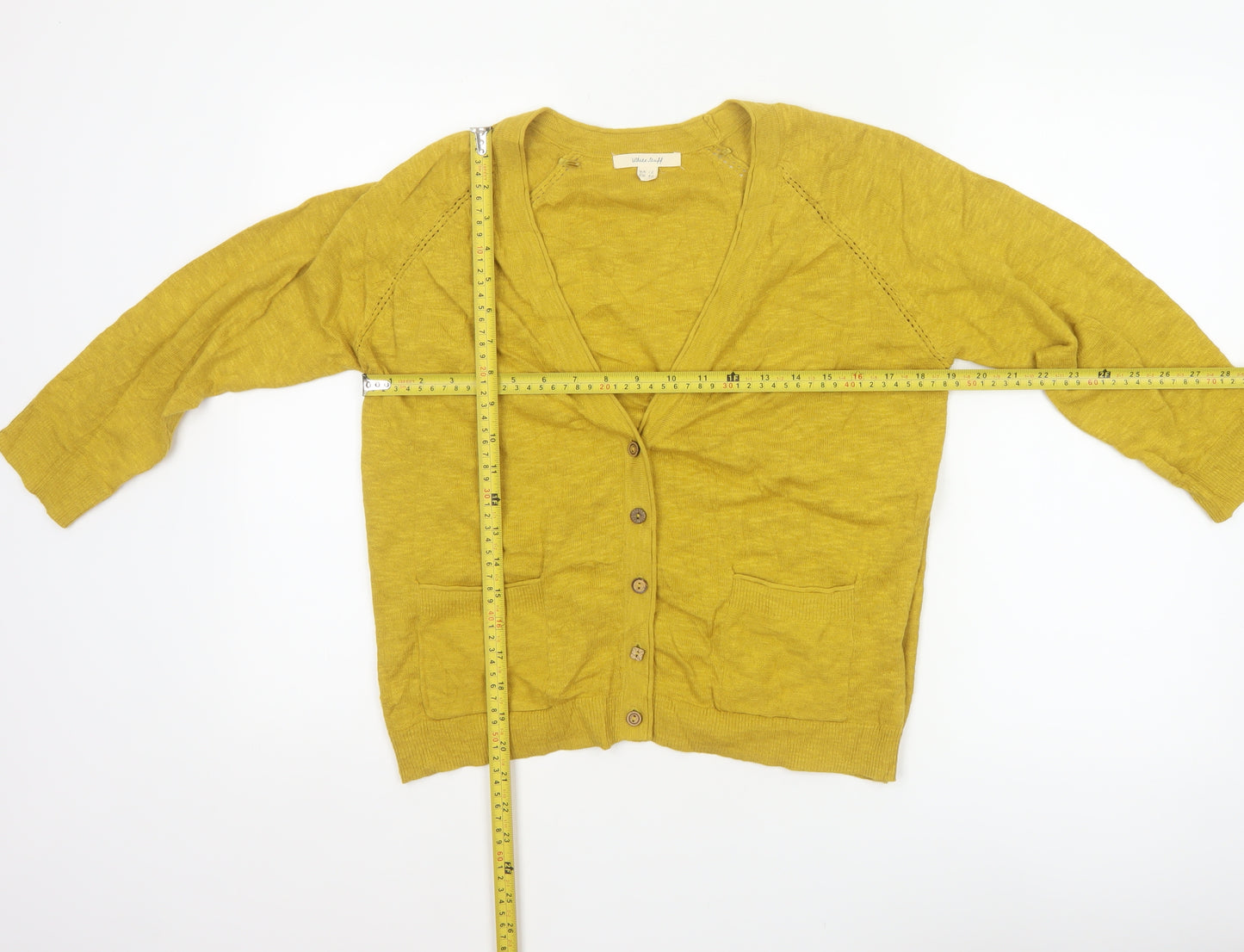 White Stuff Women Yellow Size 12 Linen Cotton V-Neck Cardigan