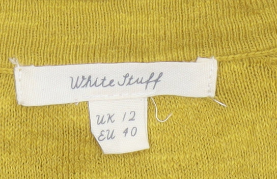 White Stuff Women Yellow Size 12 Linen Cotton V-Neck Cardigan