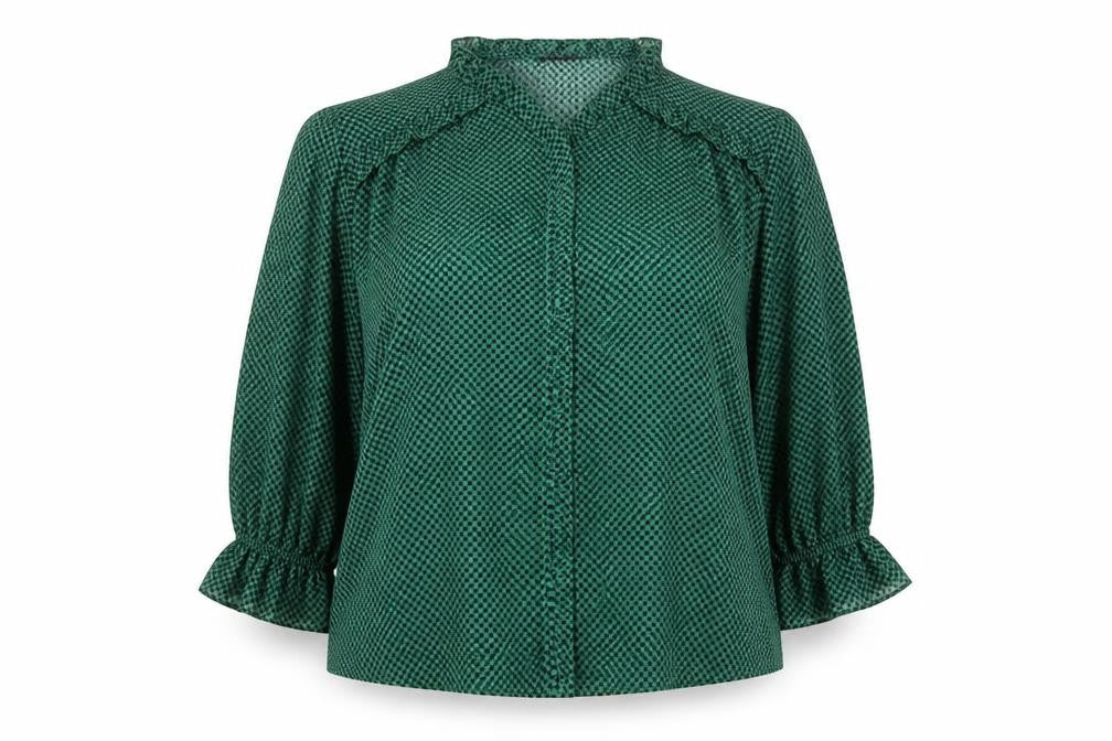 Front view of Next Women’s Green Check Sheer Ruffle Blouse, size UK 22 Plus