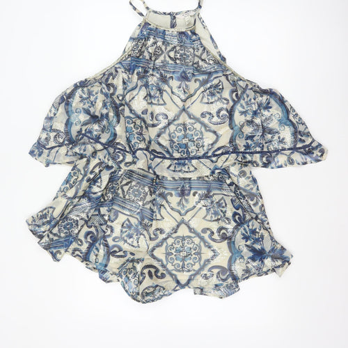 In Other Words Women Blue Metallic Baroque Playsuit UK 10 Cape Overlay