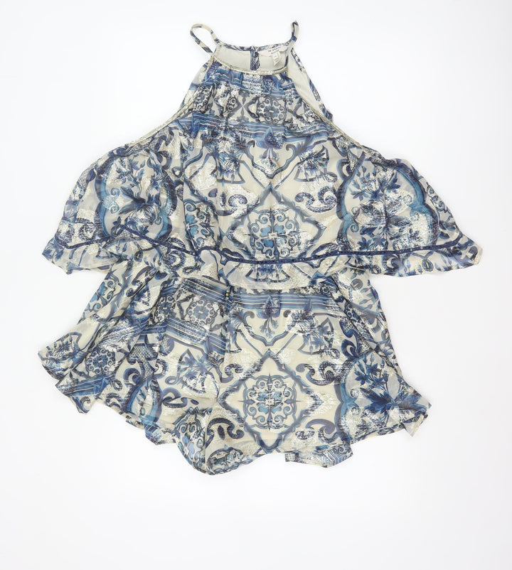 In Other Words Women Blue Metallic Baroque Playsuit UK 10 Cape Overlay