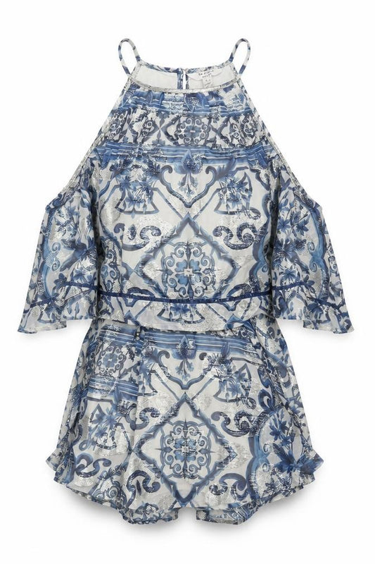 In Other Words Women Blue Metallic Baroque Playsuit UK 10 Cape Overlay