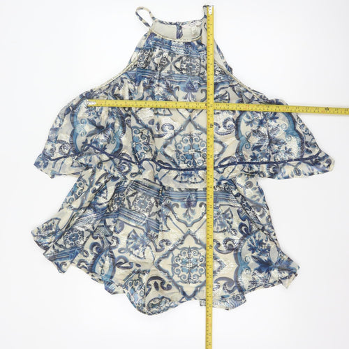 In Other Words Women Blue Metallic Baroque Playsuit UK 10 Cape Overlay