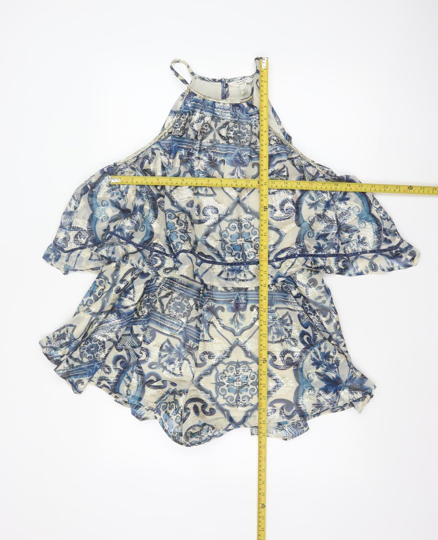 In Other Words Women Blue Metallic Baroque Playsuit UK 10 Cape Overlay