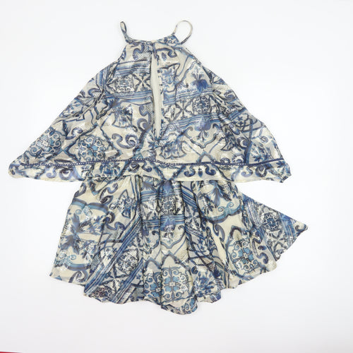 In Other Words Women Blue Metallic Baroque Playsuit UK 10 Cape Overlay