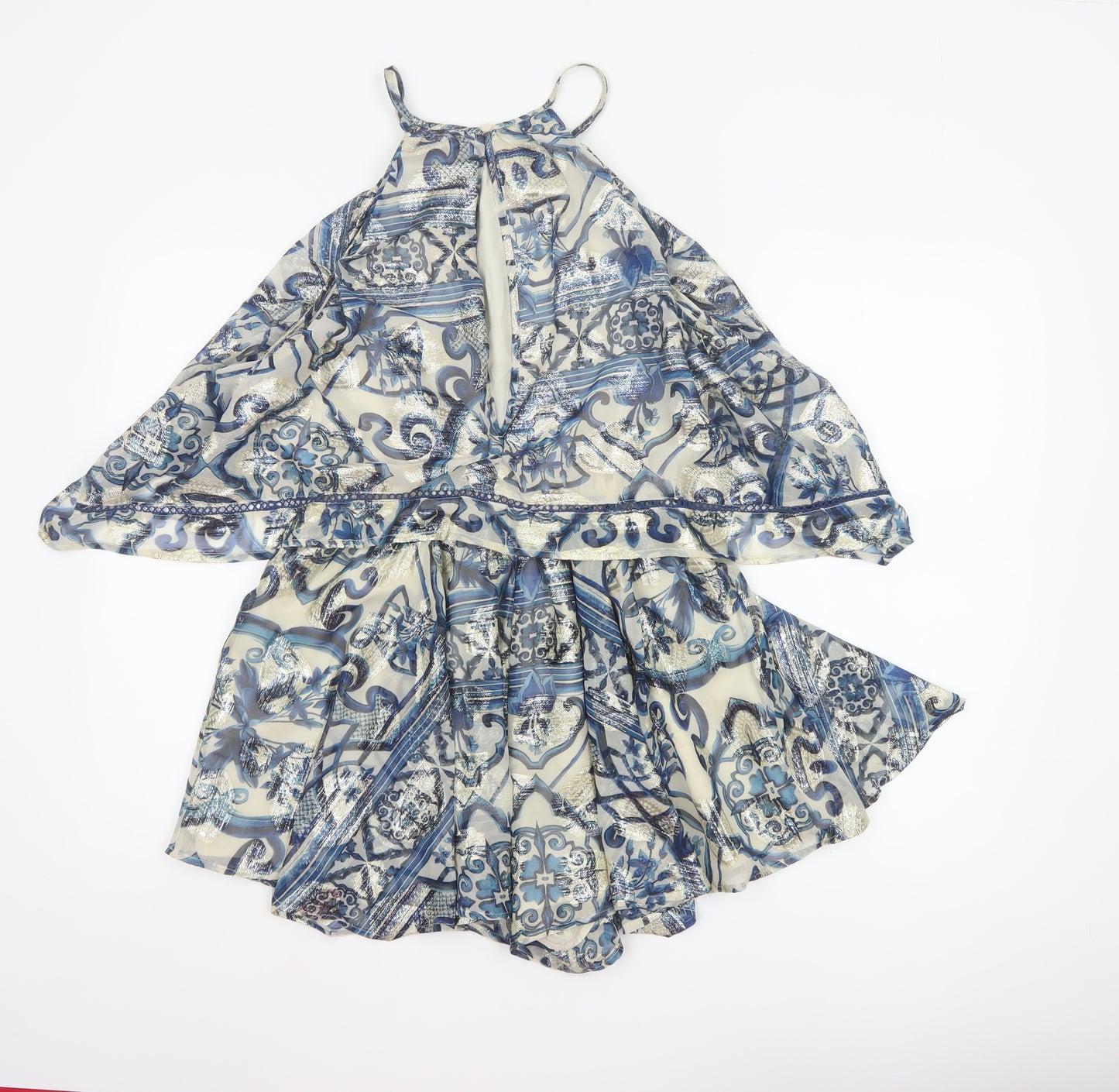 In Other Words Women Blue Metallic Baroque Playsuit UK 10 Cape Overlay