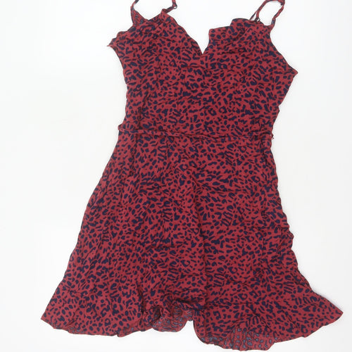 Oasis Women Red Animal Print Size 12 Fit & Flare Strappy Mini Dress