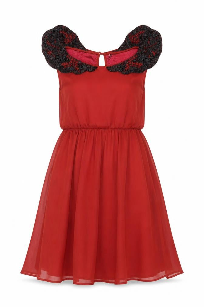 Topshop Women Red UK 10 Beaded Chiffon Fit & Flare Party Dress