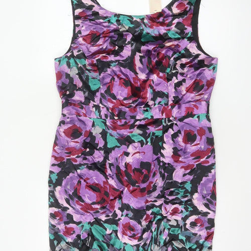 Kaliko Women Purple Floral Silk Cotton UK 16 Sleeveless Sheath Dress