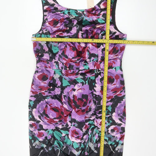 Kaliko Women Purple Floral Silk Cotton UK 16 Sleeveless Sheath Dress
