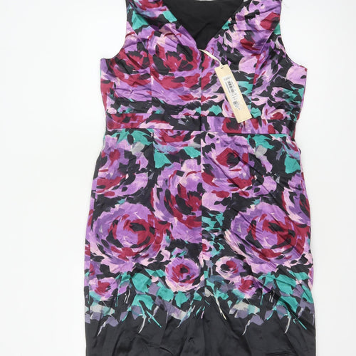 Kaliko Women Purple Floral Silk Cotton UK 16 Sleeveless Sheath Dress