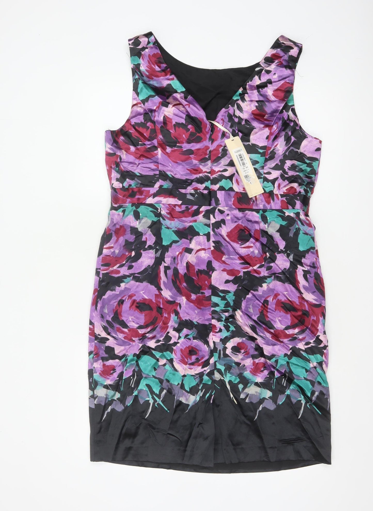 Kaliko Women Purple Floral Silk Cotton UK 16 Sleeveless Sheath Dress
