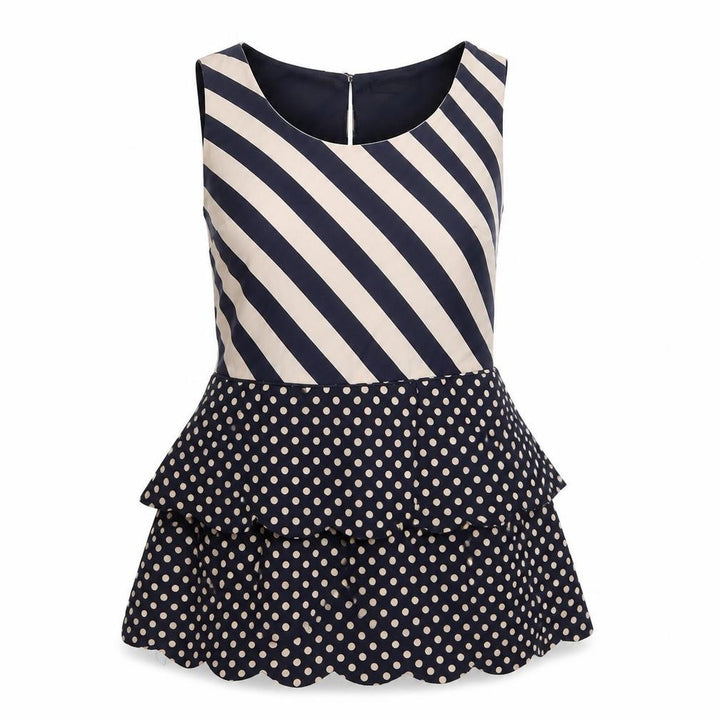 Oasis Women Blue Beige UK 10 Sleeveless Ruffle Polka Dot Stripe Blouse
