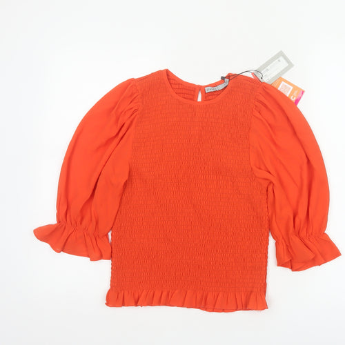 Oasis Women Orange UK 12 Smocked Ruffle Puff Sleeve Blouse New