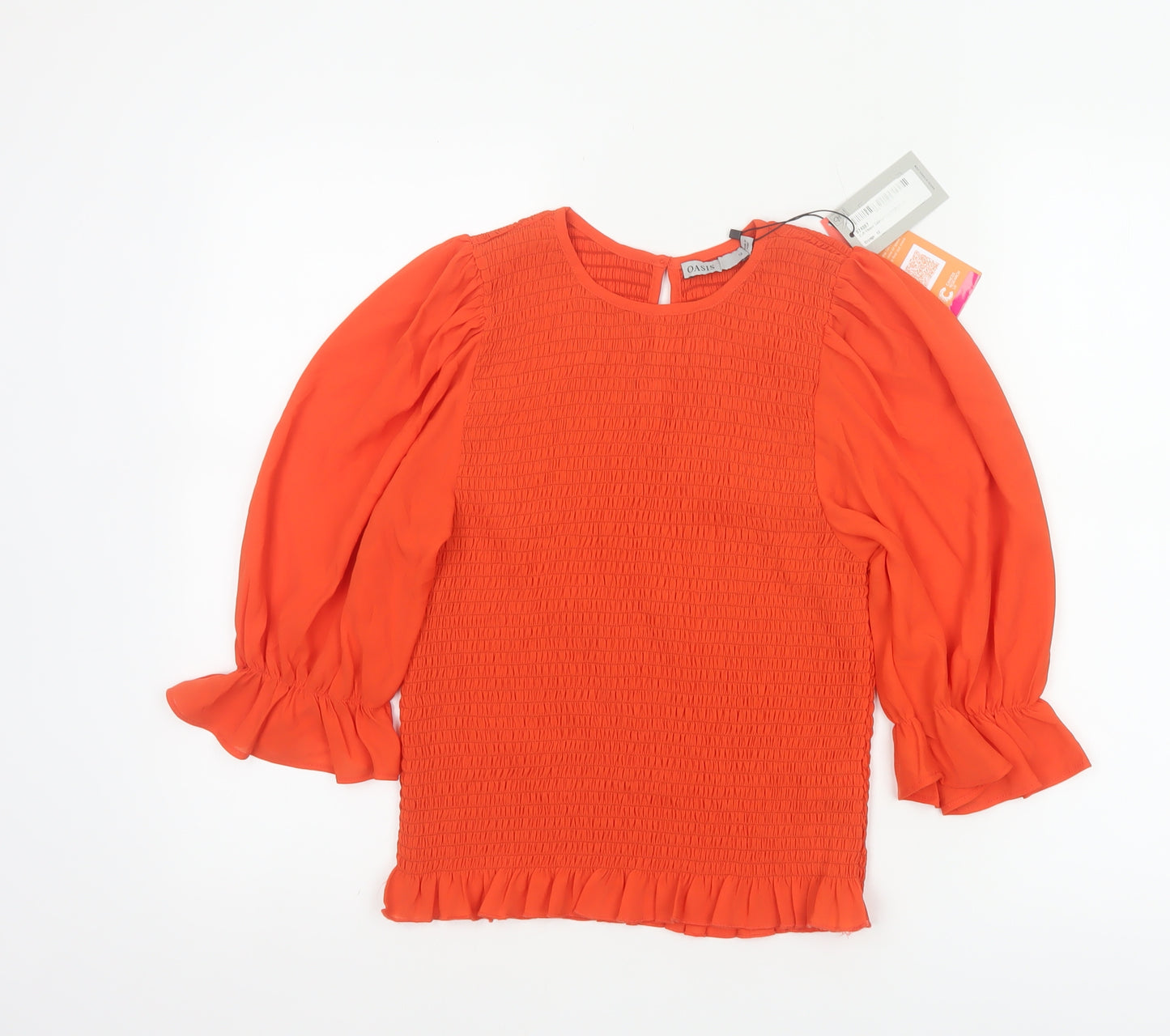 Oasis Women Orange UK 12 Smocked Ruffle Puff Sleeve Blouse New