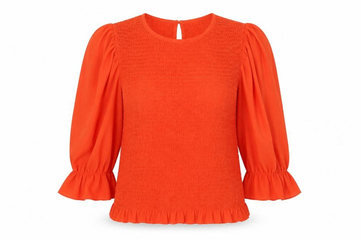 Oasis Women Orange UK 12 Smocked Ruffle Puff Sleeve Blouse New