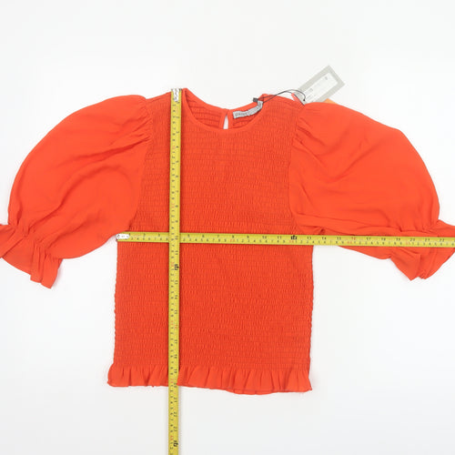 Oasis Women Orange UK 12 Smocked Ruffle Puff Sleeve Blouse New