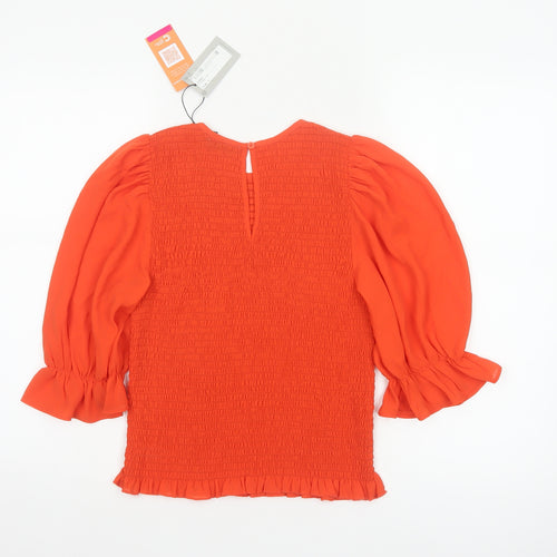 Oasis Women Orange UK 12 Smocked Ruffle Puff Sleeve Blouse New