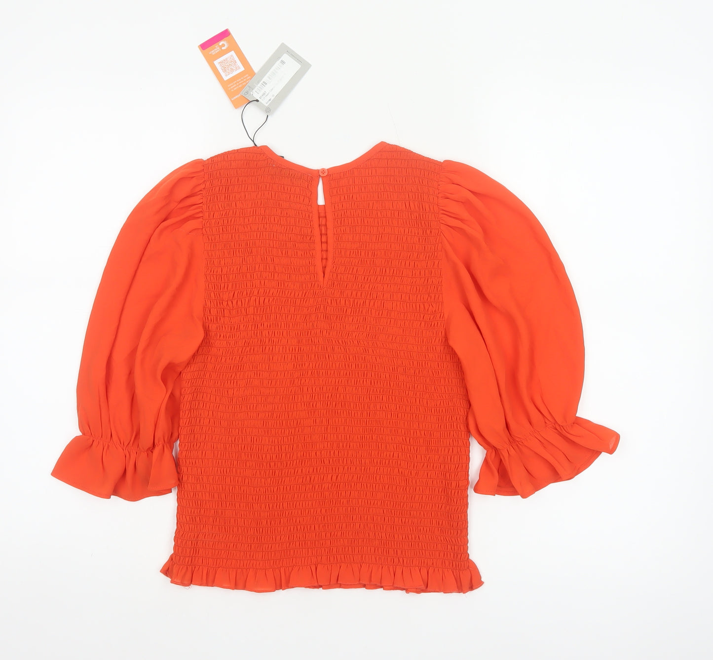 Oasis Women Orange UK 12 Smocked Ruffle Puff Sleeve Blouse New