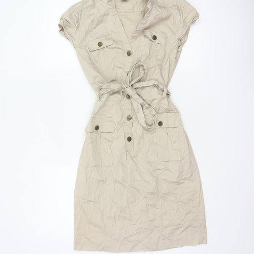 H&M Women Beige UK 8 Knee Length Belted Shirt Dress Pockets