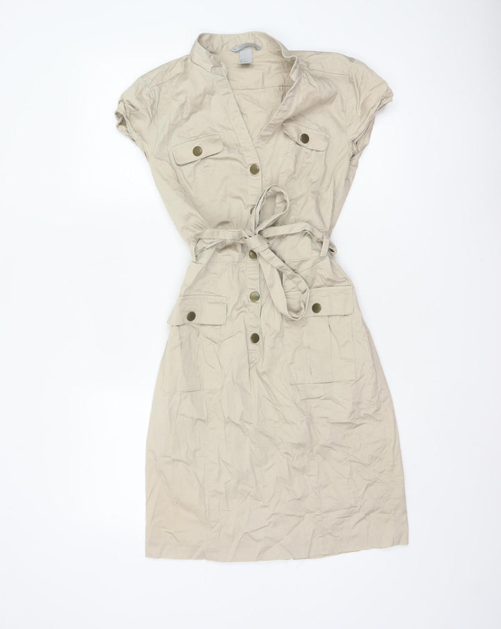 H&M Women Beige UK 8 Knee Length Belted Shirt Dress Pockets