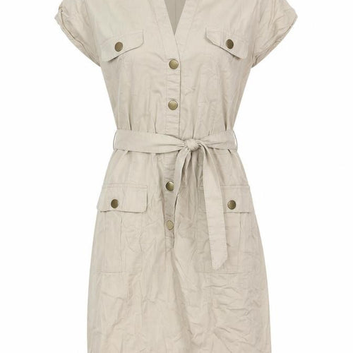 H&M Women Beige UK 8 Knee Length Belted Shirt Dress Pockets