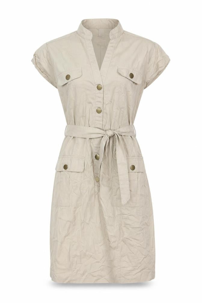 H&M Women Beige UK 8 Knee Length Belted Shirt Dress Pockets