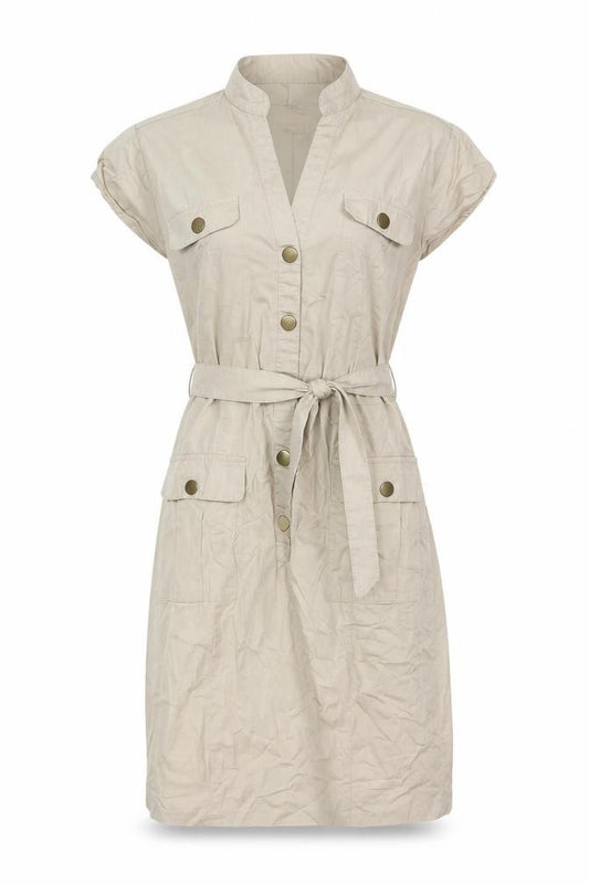 Front view of H&M Women Beige UK 8 Knee Length Belted Shirt Dress Pockets