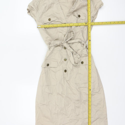 H&M Women Beige UK 8 Knee Length Belted Shirt Dress Pockets