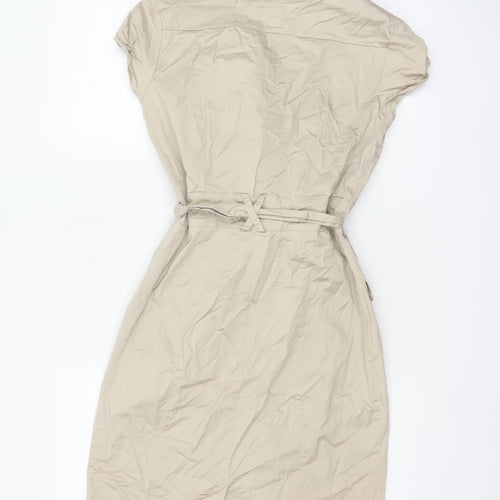 H&M Women Beige UK 8 Knee Length Belted Shirt Dress Pockets