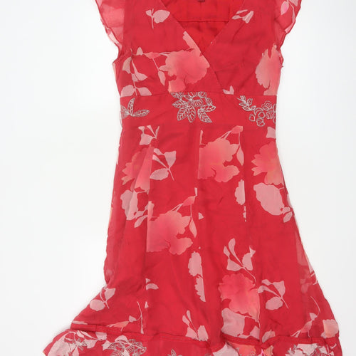 Monsoon Women Red Floral Silk UK 12 Knee Length A-Line Dress