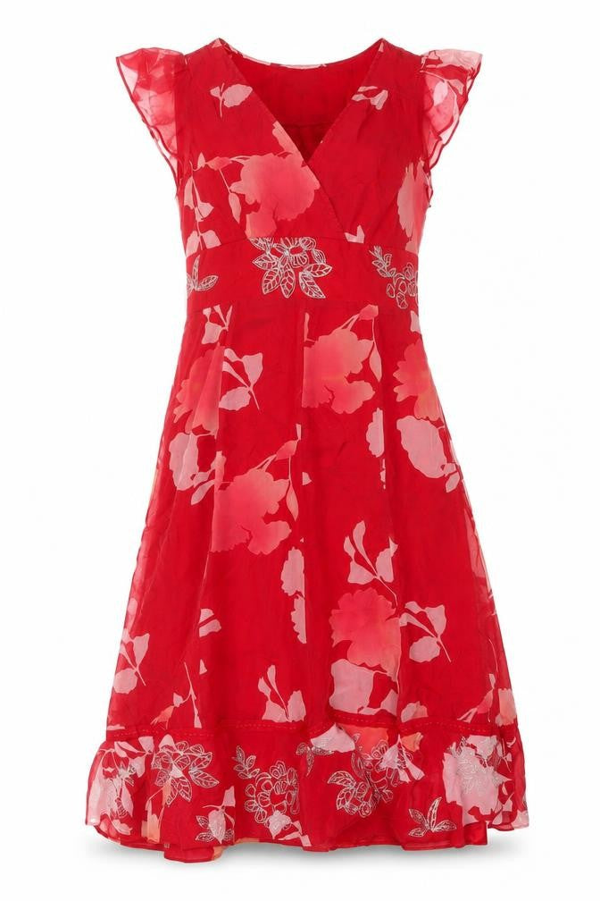 Monsoon Women Red Floral Silk UK 12 Knee Length A-Line Dress