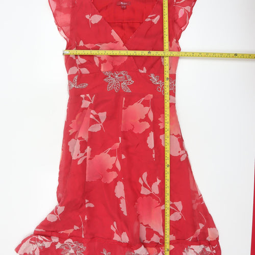 Monsoon Women Red Floral Silk UK 12 Knee Length A-Line Dress