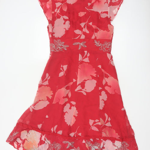Monsoon Women Red Floral Silk UK 12 Knee Length A-Line Dress
